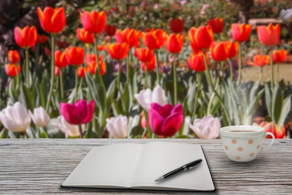 Tazza di caffè e un libro sulla scrivania . — Foto Stock