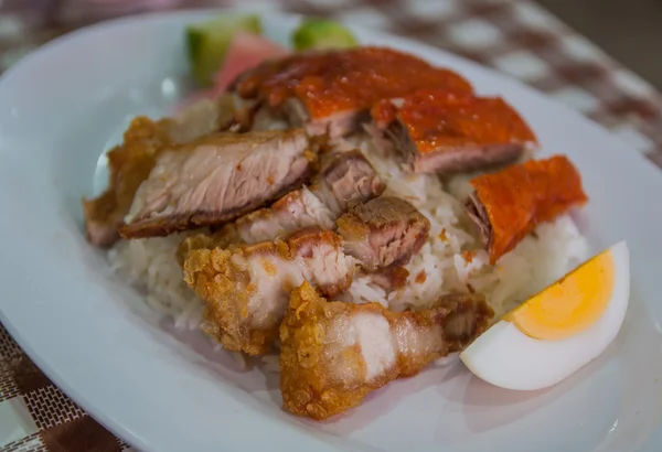 Entenbraten und knuspriges Schweinefleisch mit Reis. — Stockfoto