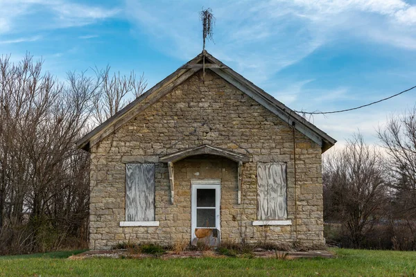 Old Abandoned Stone One Room Schoolhouse Morning Light Trivoli Illinois — Stock Photo, Image