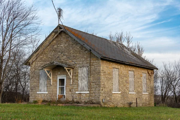 Old Abandoned Stone One Room Schoolhouse Morning Light Trivoli Illinois — Stock Photo, Image