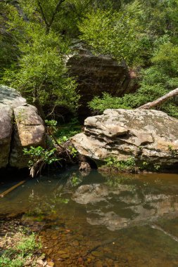 Güney Illinois 'deki Shawnee Ulusal Ormanı' nın Bell Smith Springs bölgesinde dere boyunca kaya oluşumları.