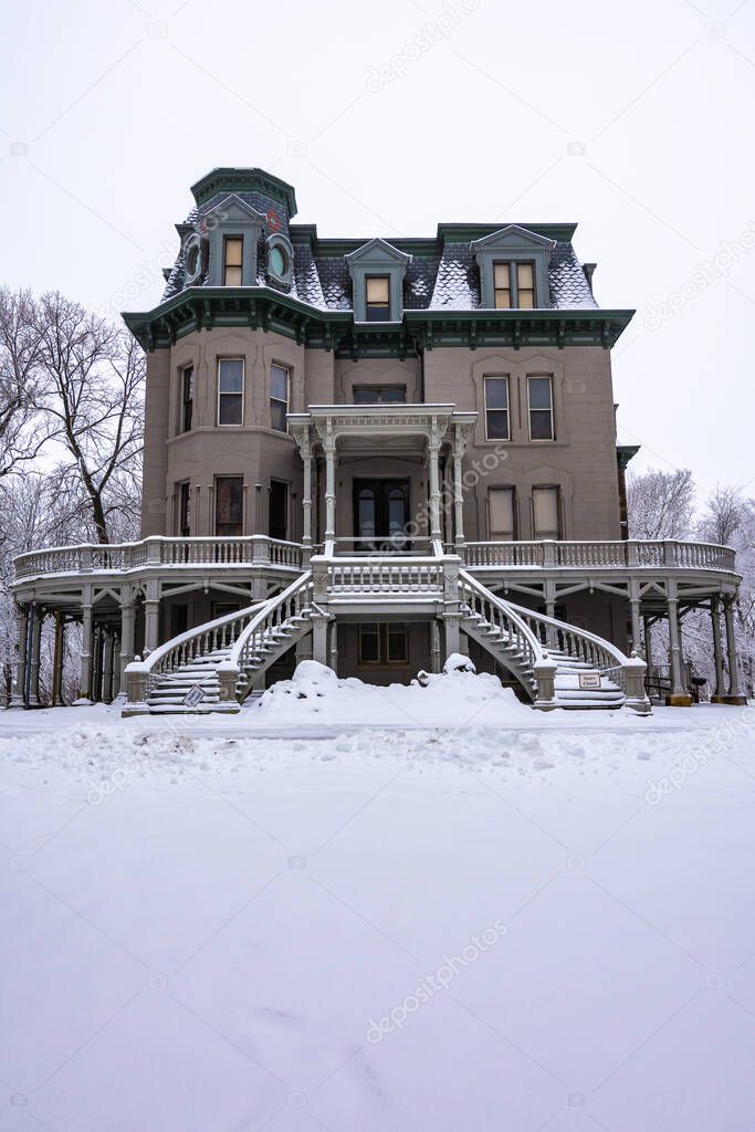 LaSalle, Illinois - United States - January 3rd 2021:  The Hegeler-Carus Mansion in the snow on a bitter cold winter morning.