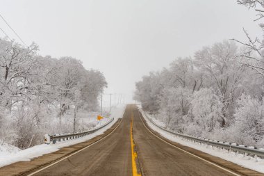 Illinois Rt. 178, soğuk ve sisli bir kış gününde kar ve buzla çevrili..
