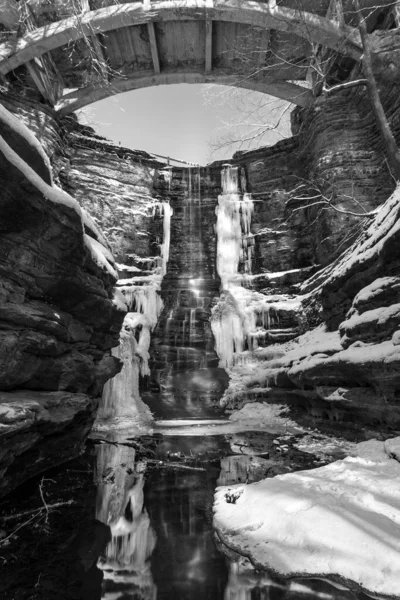 Černobílá Fotografie Zamrzlých Jezerních Vodopádů Oblasti Dolních Dells Státním Parku — Stock fotografie