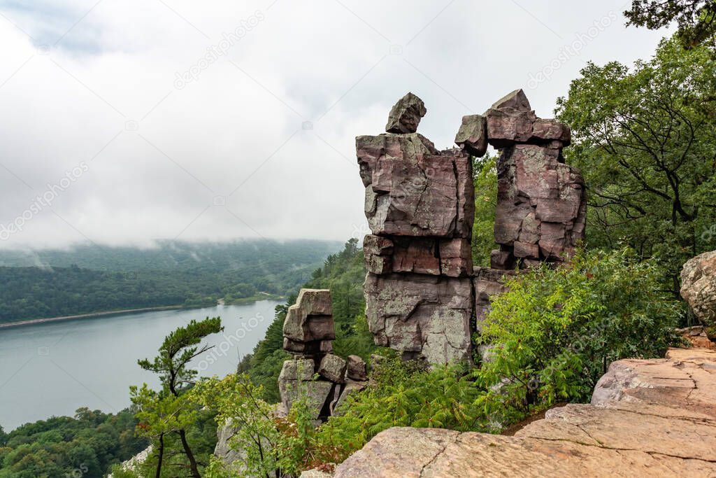 Devils Doorway rock formation overlooking Devils Lake.  Devils Lake state park, Wisconsin.