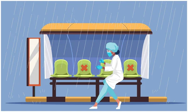 Bir Kadın Yağmurda Yolda Koşuyor — Stok Vektör