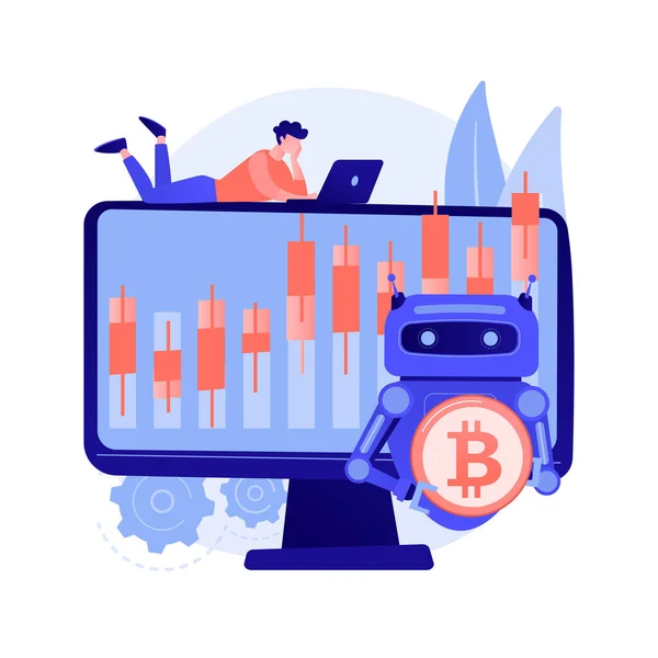 Kripto, robot soyut konsept vektör çizimi ticareti yapıyor. Otomatik yapay zeka ticareti, en iyi bitcoin ticaret robotu kripto para piyasası verilerini analiz eder, finansal değişim, kazanç soyut metaforu.
