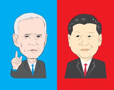Sep 5, 2021 Joe Biden ve Xi Jinping politik karikatür veya başyazı. Vektör illüstrasyonu karikatür el çizimi