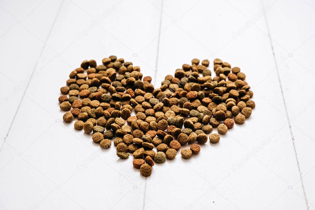 Valentines day and love of pets concept. Heart shaped pet food. Food for cats and dogs.