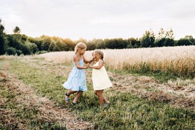 Aile hayatı ve yaz konsepti. İki duygusal kardeş gün batımında çavdar tarlasında dans ediyor..
