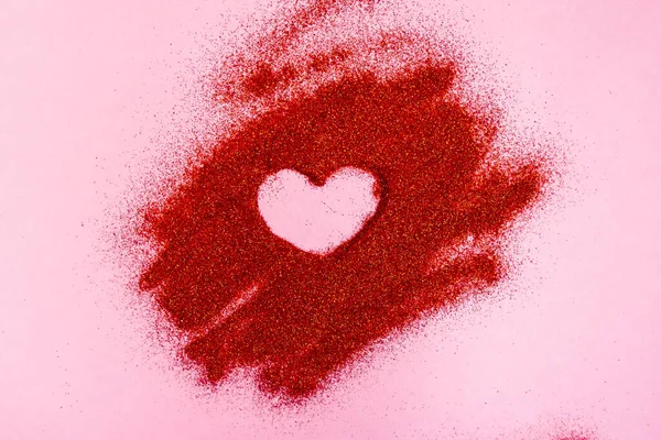 Valentines Day concept. Heart shaped painted by on red glitter. — Stock Photo, Image