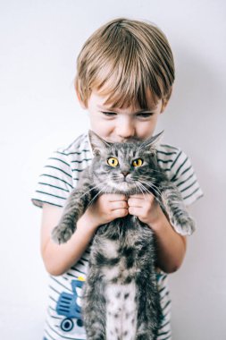 Sevimli çocuk elinde bir kedi tutuyor. Kedi bundan hiç hoşlanmadı. Hayvanlara iyi davran.