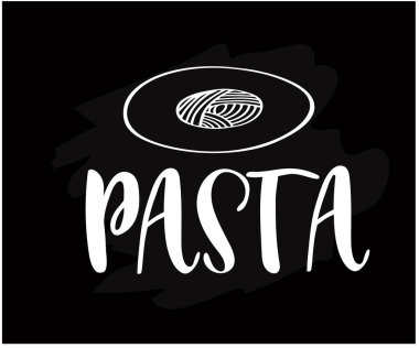 Tabakta makarna ve siyah arkaplanda yazı var.