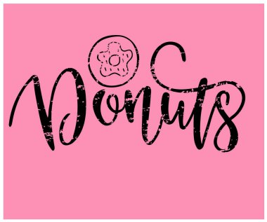  Pembe arka planda donut çizimleri olan el yazısı çörekler.