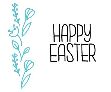  Mavi çiçekli elementler ve siyah mutlu paskalya harfleri.