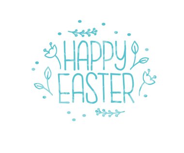 Mavi, mutlu paskalya harfleri ve çiçekli bir kart.