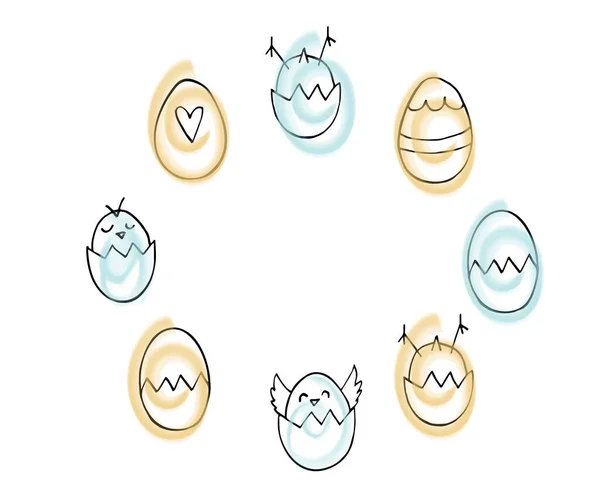Huevos Pascua Amarillos Azules Con Lindos Polluelos Dibujos Animados Forma — Archivo Imágenes Vectoriales