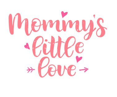 pink mommy's little love cursive lettering and hearts isolated on white background clipart