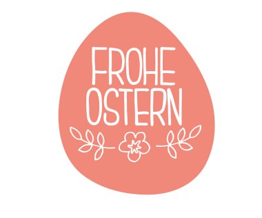 Beyaz köpüklü kırmızı yumurta ostern harfleri, çiçek ve yapraklar.