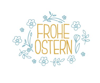 Mavi çiçekler ve yapraklarla çevrili sarı devekuşu harfleri.