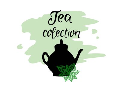  Nane yaprakları ve çay koleksiyonu harfleriyle çaydanlık silueti.