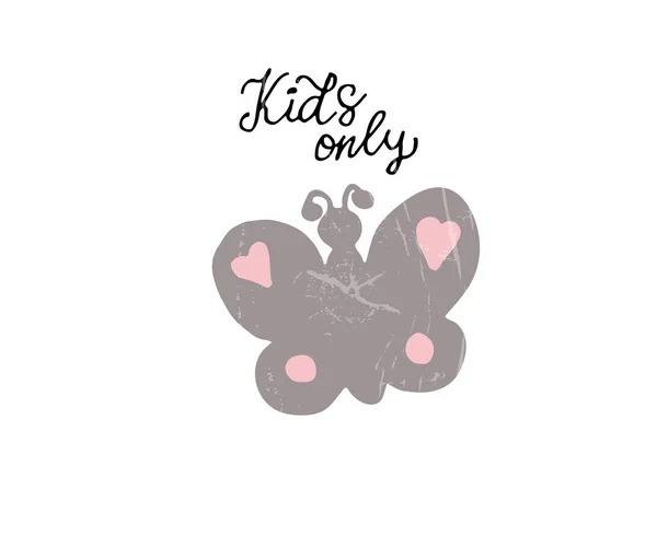 Kelebek ve çocuklar sadece beyaz arkaplana yazı yazıyorlar, vektör illüstrasyonu