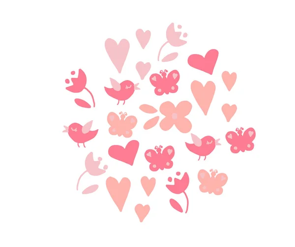 Corazones Lindos Con Aves Ilustración Vectorial — Vector de stock