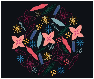 Siyah arka planda güzel çiçekler, böğürtlenler, yapraklar ve kelebeklerle el çizimi vektör çizimi