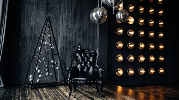 Designer-Dachboden, Spiegel-Discokugel. Stilvolle Silvesterkomposition in einem Loft-Studio. Weihnachtsinterieur — Stockfoto