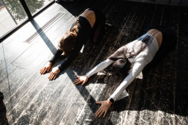 Yoga yapan iki kadın sporcu çocuk pozu veriyor. Spor, spor ya da yoga stüdyosunda.