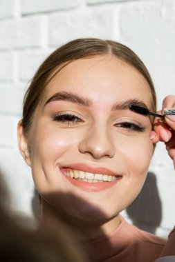 Usta güzel bir kızın kaşlarını tarıyor. Gülümseyen güzel çekici kız. Güzel kalın kaşlı, zarif makyajlı, bakımlı bir kız.