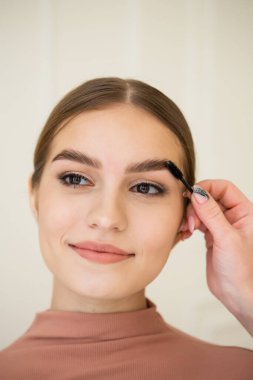 Güzel bir kızın kalın kaşları, kaş boyama fırçası, kaş şekli, güzel kaşlar, makyaj.