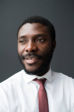 Beyaz gömlekli ve gri arka planda kravatlı Afro-Amerikalı bir iş adamının portresi..