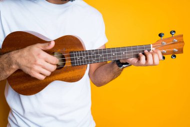 Genç Afrikalı Amerikalı müzisyen elinde bir ukulele tutuyor ve telleri çalarak çalıyor.