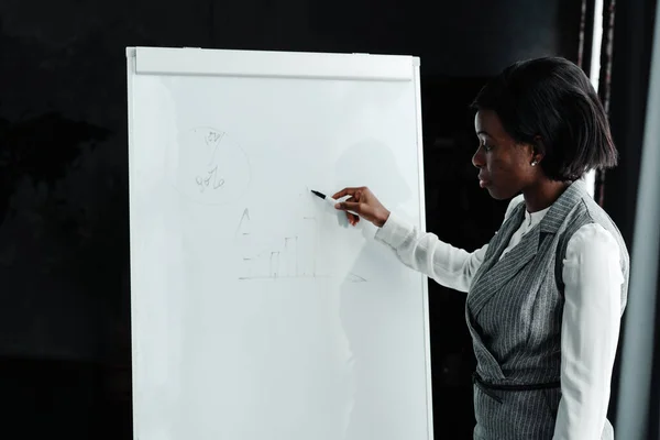 Учительница-афроамериканка стоит рядом с белой доской с маркером в руках и объясняет рисунок — стоковое фото