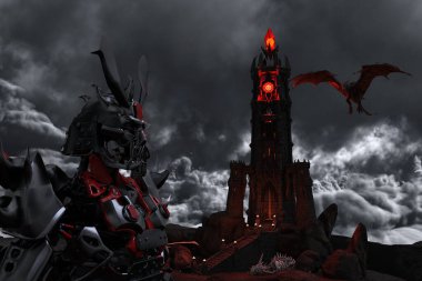 Retro destansı, fantezi görüntüsü savaşan robot ejderhaya karşı. Dramatik koyu renkli görüntü. 3d illüstrasyon, 3d canlandırma.