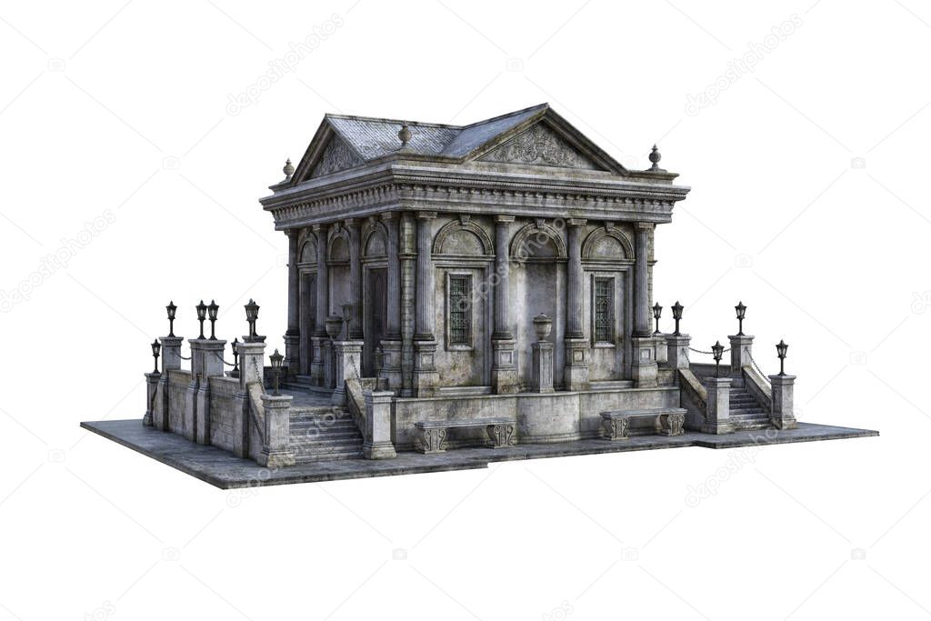 Old baroque building, a mausoleum with stairs and lanterns on a white background, which is isolated from multiple angles for collage and further edits.