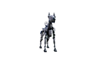 Kolaj yapmak için çeşitli pozları olan bir Cyborg köpeği. Siyah ve beyaz dokulara sahip Cyborg köpek 15 derecelik adımlarla yaratıldı. 3B görüntüleme, 3B resimleme
