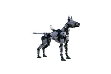Kolaj yapmak için çeşitli pozları olan bir Cyborg köpeği. Siyah ve beyaz dokulara sahip Cyborg köpek 15 derecelik adımlarla yaratıldı. 3B görüntüleme, 3B resimleme