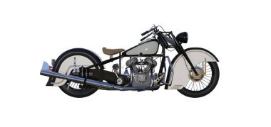 İki silindirli eski bir motosiklet. Beyaz arkaplanda izole edilmiş ve farklı açılarda görüntülenmiş nesne. 3d görüntüleme, 3d illüstrasyon.