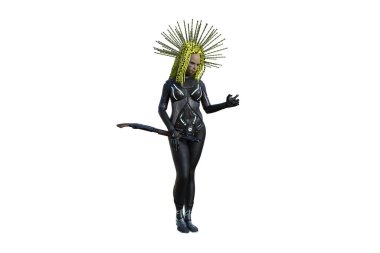 Gelecekten gelen kadın tüfekle poz veriyor.