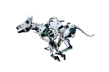 Kolaj yapmak için farklı pozları olan bir Cyborg köpeği. 3d görüntüleme, 3d illüstrasyon.