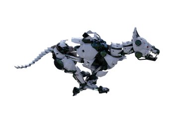 Kolaj yapmak için farklı pozları olan bir Cyborg köpeği. 3d görüntüleme, 3d illüstrasyon.