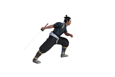 Çinli dövüşçü sahneleriniz için kılıçla poz veriyor özellikle kolaj için, beyaz arka planda izole edilmiş. Üç boyutlu illüstrasyon. 3B görüntüleme.