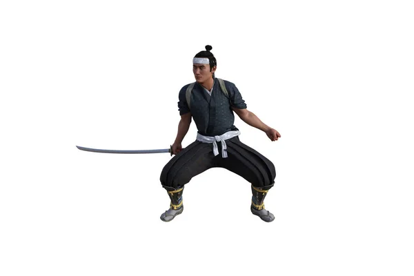 中国的战士在你的场景中摆出一副剑法 特别是在拼贴上 用白色背景隔开 3D插图 3D渲染 — 图库照片
