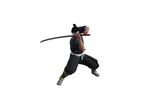 中国的战士在你的场景中摆出一副剑法 特别是在拼贴上 用白色背景隔开 3D插图 3D渲染 — 图库照片