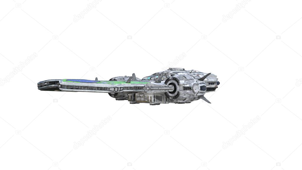 Warship spaceship isolated on white background. Template for your collage. 3D rendering, 3D illustration.