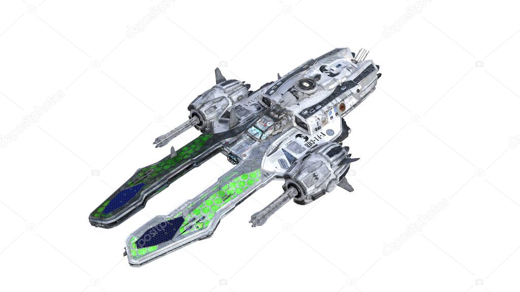 Warship spaceship isolated on white background. Template for your collage. 3D rendering, 3D illustration.