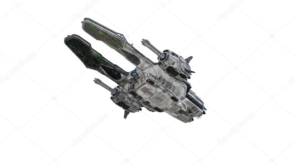 Warship spaceship isolated on white background. Template for your collage. 3D rendering, 3D illustration.