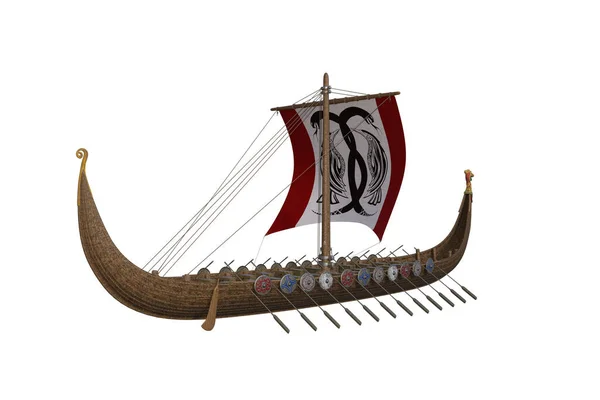 Viking War Longboat Sails Packs Isolated White Background Rendering Illustration — Stock Photo, Image